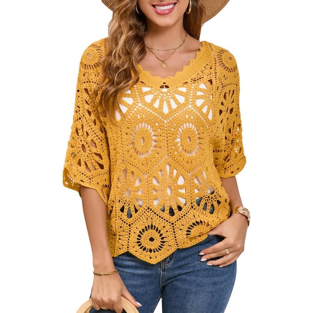 Women's Crochet Top Cotton V-Neck Pullover Cover-Up Boho Beach Wear